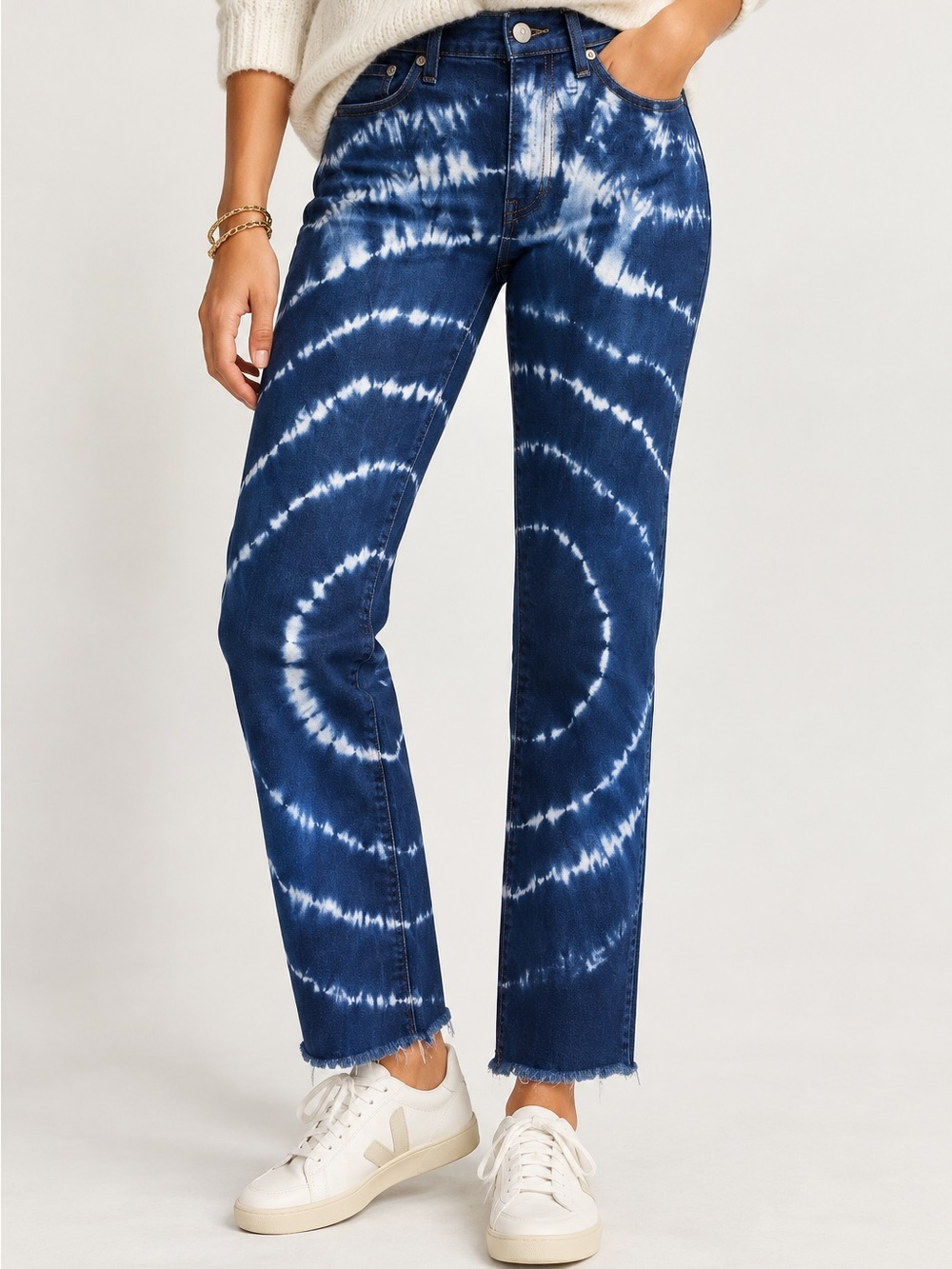 J.Crew Vintage Straight Tie Dye Jeans Indigo Spiral Raw Hem Size 29 NWOT